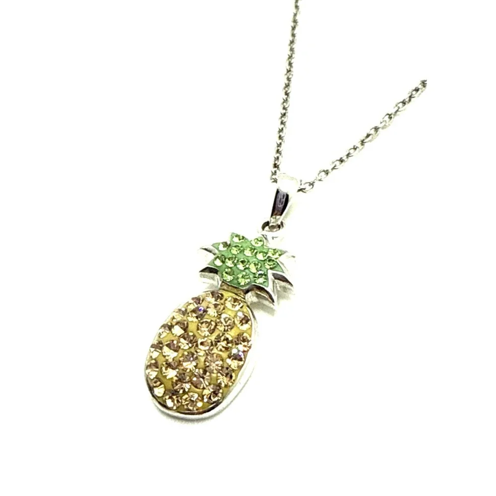 Crystal Rhinestone Pineapple Pendant Necklace Yellow Green Gold Tone 18